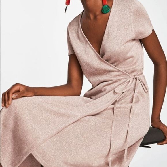 NWOT Zara Crossover Taupe Gold Shimmer Midi Dress - Picture 7 of 11